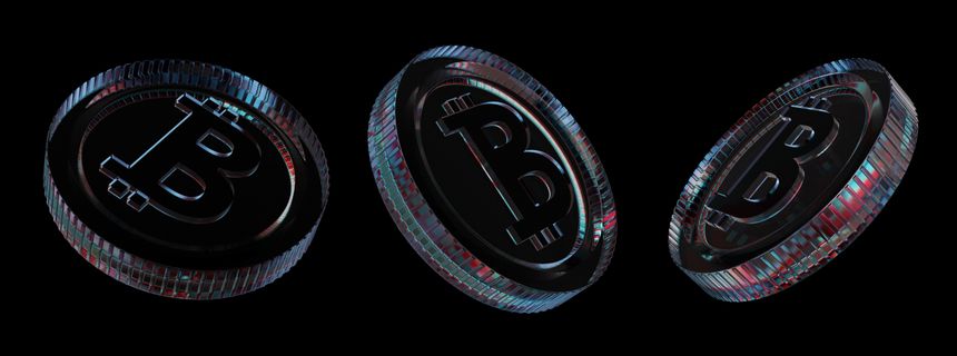 A close-up of three metallic Bitcoin coins with glowing red and blue highlights, shown on a dark background. Concept of cryptocurrency and finance. 3D Rendering.