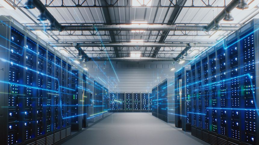 Modern Data Technology Center with Server Racks in Big Storage with VFX Animation. Animated Visualization of Data Flow, Internet Traffic on Servers. Digitalization and Internet of Things. Dolly Shot.