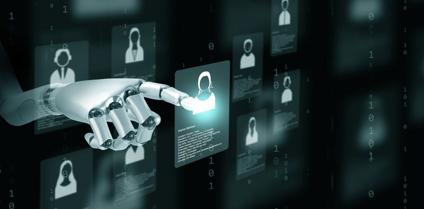 Artificial intelligence robot analyzing and choosing job applicant profile. Concept of machine learning recruitment, digital HR, automation process, and smart technology in business.