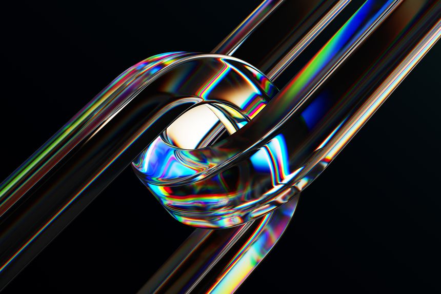 Black 3d background with glass chromatic chain links. Abstract crystal connect rings with rainbow caustic effect, neon gradient light texture. Blockchain hyperlink, digital tech bg. 3D illustration