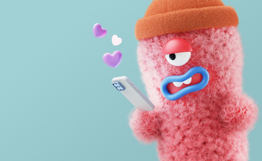 3d fur fluffy character hand holding mobile phone with heart icons. Funny red furry monster with like message, love symbol on smartphone. Cute fuzzy mascot communicate in social media. 3D illustration