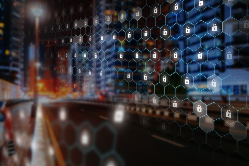 Colorful city scene shows digital locks over urban landscape during night time.