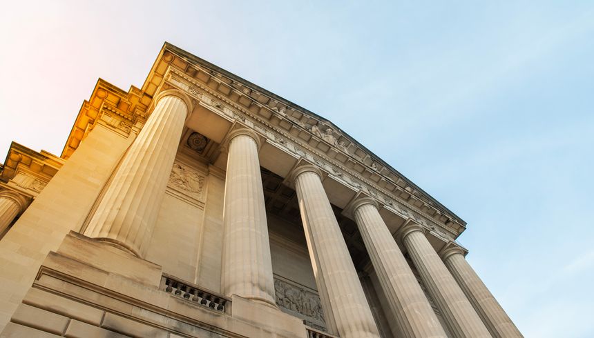 Government building with pillars central bank, financial authority. Architecture for law economy policy. Concept for digital currency CBDC regulation global finance, future of fiat currency.