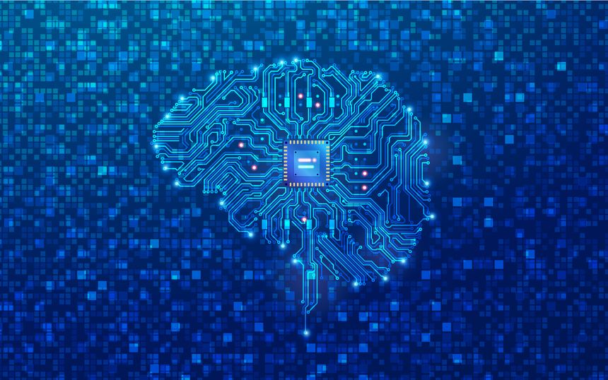 concept of deep learning or machine learning, graphic of artificial intelligence brain combined with circuit board