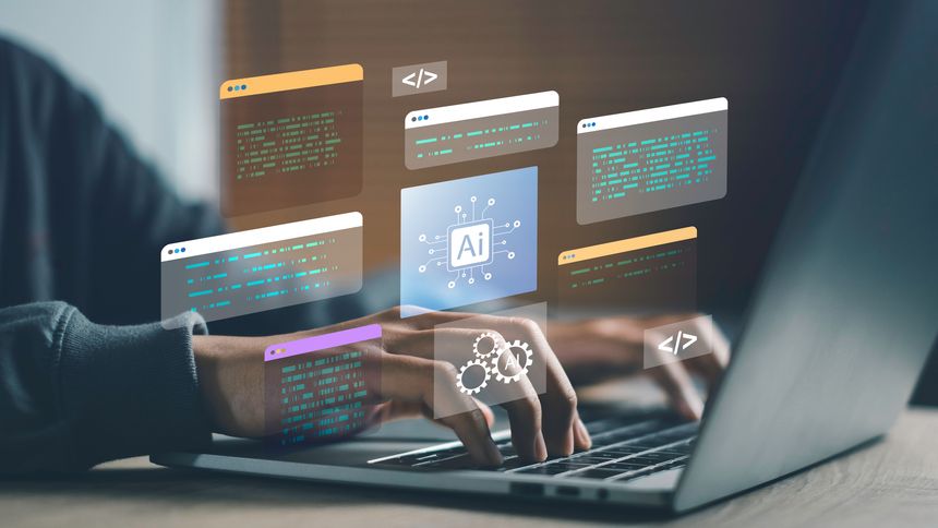 Multiple AI-generated code windows and system design icons float above a laptop, How developers use artificial intelligence to build digital services and smart business technology.