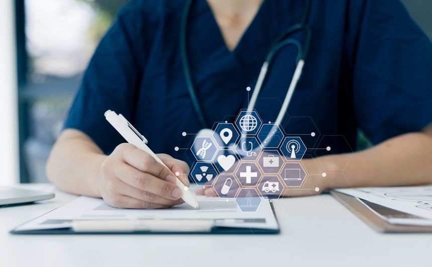 Doctor Working At Desk In Office, Healthcare And Medical Concept.