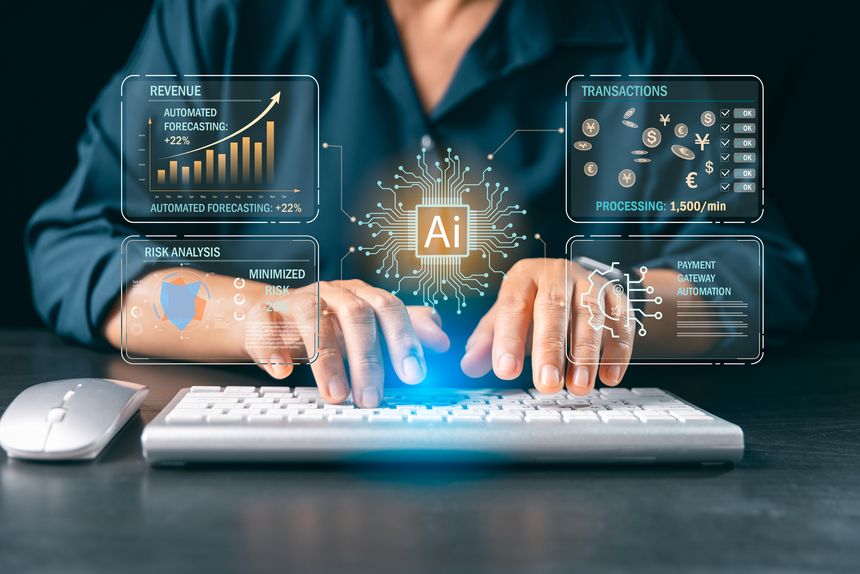 Business professional typing on keyboard as AI finance automation dashboards show revenue forecasting, transaction processing, risk analysis and payment gateway control for efficient operations.