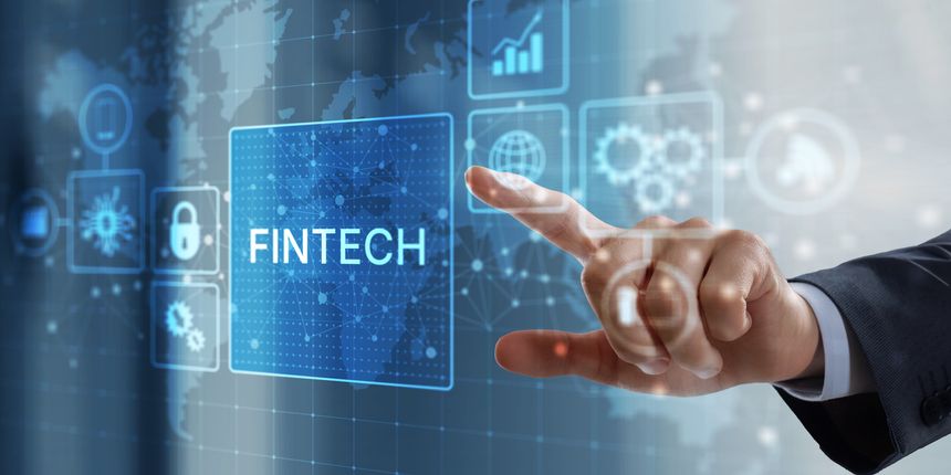 A digital interface displaying the word FinTech with a hand interacting representing financial technology and digital transformation