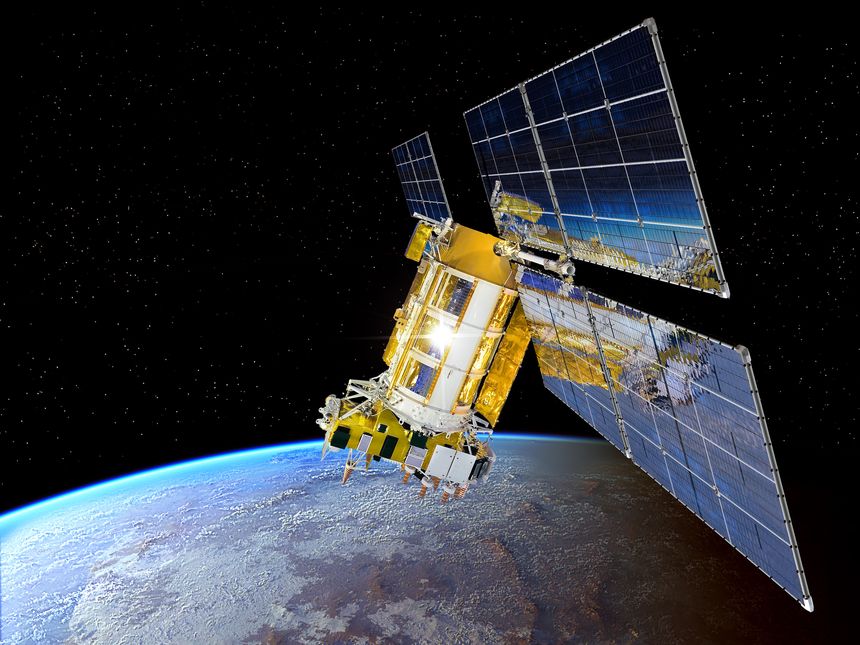 Navigation space satellite at the Earth orbit. 3d rendering background
