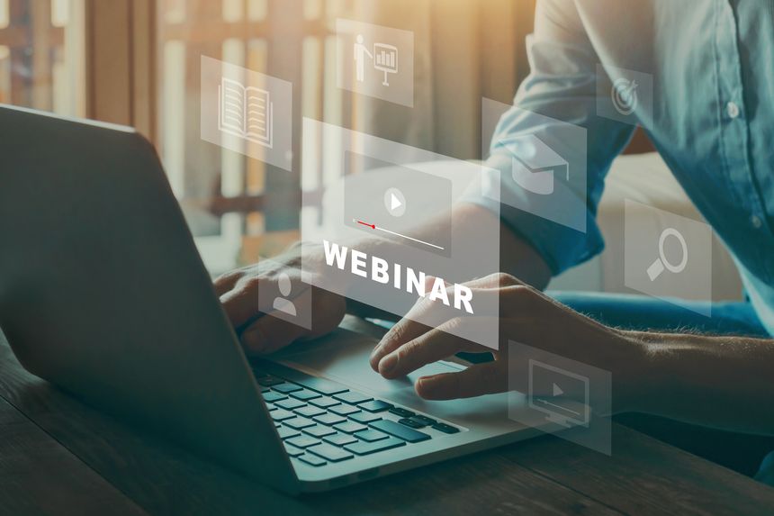 webinar concept, study online, e-learning on virtual screen