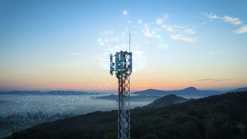 5G telecom tower emitting electromagnetic waves, representing potential hazardous radiation exposure