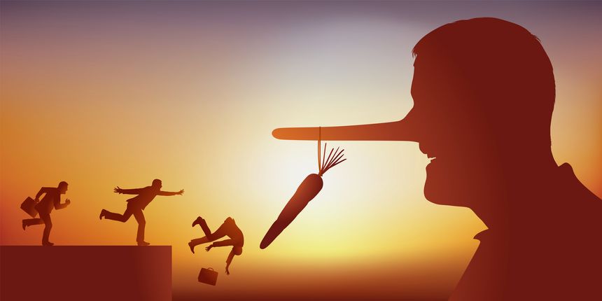 Concept scam with people who run and rush into a trap symbolized by a man whose nose lengthens by presenting a carrot.