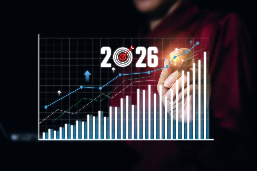 Business growth concept, hand drawing rising chart with 2026 target goal on digital dashboard, strategic planning, forecast analytics, success performance