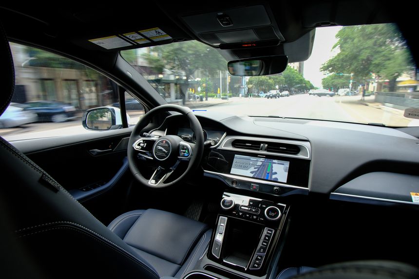 28 MAY 2025, Austin, TX, USA - Inside of a Waymo autonamous taxi car during a ride arouns Austin Texas