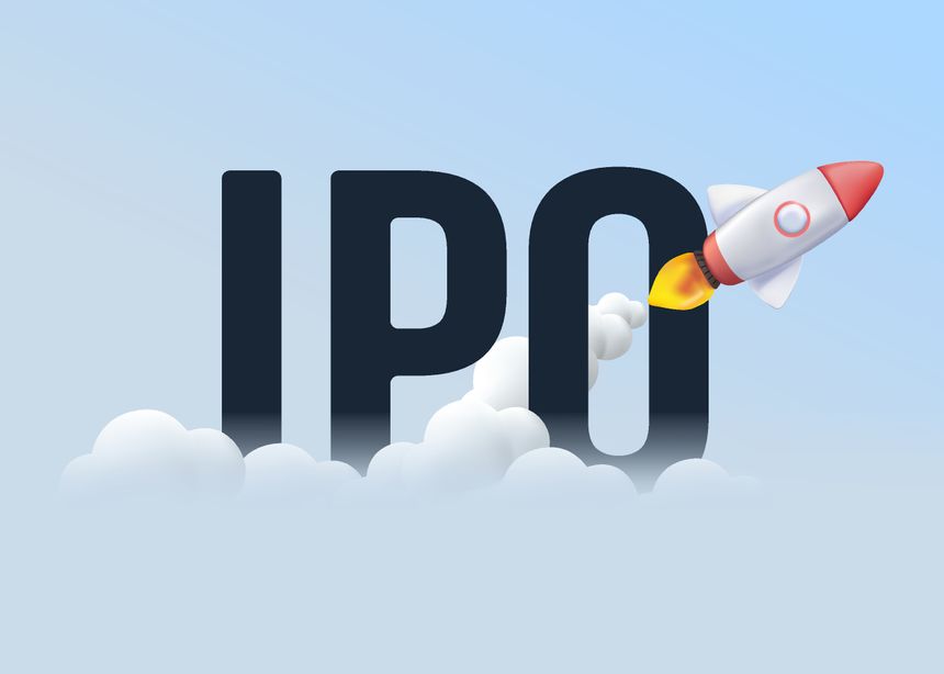 IPO Initial Public Offering finance business concept. 3D render vector illustration of Trading on IPO Initial Public Offering, Business Startup and Stock Market Concept. Public offering share launch