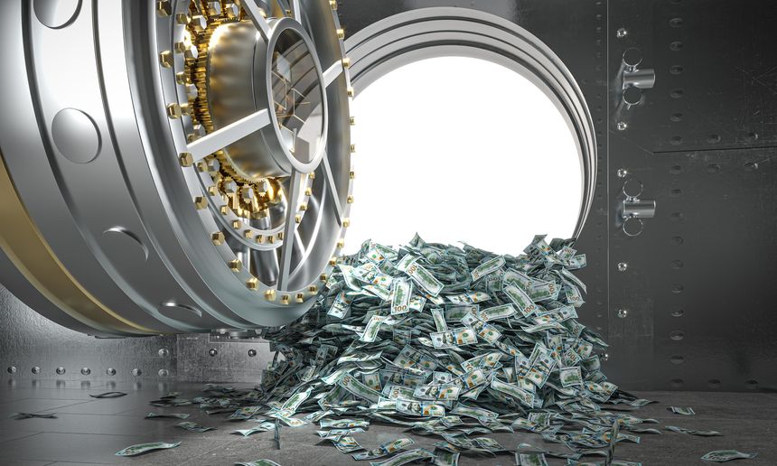 Bank vault door opening, hundred dollar bills spilling onto the floor illustrating financial abundance
