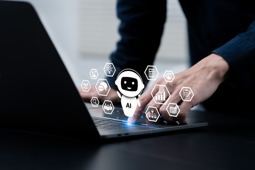 AI, Artificial Intelligence. Businessman uses a laptop and AI assistant dashboard for data analysis, research, planning, and work generate. Technology smart robot AI agents and agentic workflows.