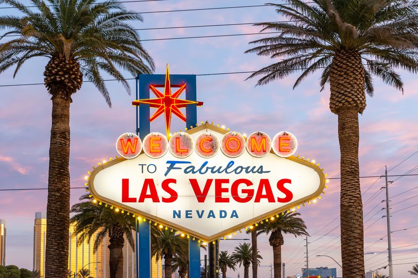 Las Vegas, Nevada, USA - March 2nd 2025 - Sunrise at the vintage Welcome to Fabulous Las Vegas sign.