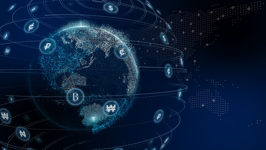 Stock market analysis and stock trading, currency symbols, business graphs and global money transfers. 3D illustration.
