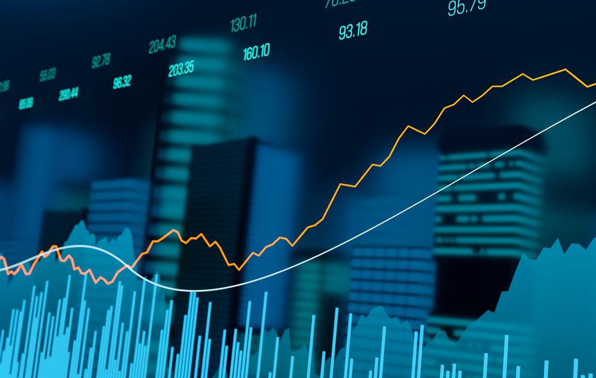 Stock market and exchange concept with skyline and skyscrapers, bar graph, chart and stock ticker. Investment, trading, business, strategy. 3D illustration