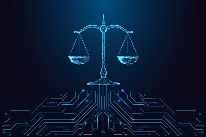 AI ethics, Legal technology and digital justice concept with glowing polygonal balance scale connected to circuit board on dark blue background. Futuristic low poly style, abstract vector illustration