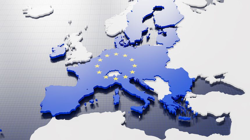 Map of the EU countries overlayed by the European Union flag in blue with yellow stars.