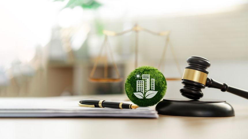 Law sustainable green building. environmentally friendly buildings Future green business idea Environmental sustainability goals in 2050. White building shape amidst pristine nature.