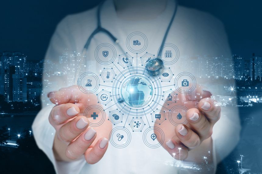 The doctor shows the global structure on the background of the city.