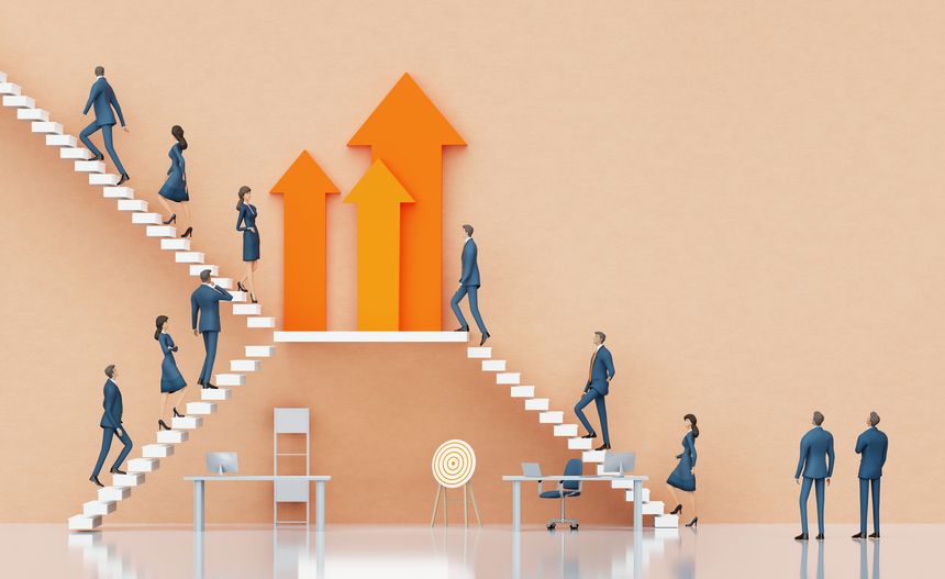 Business people and arrows growing up, Abstract environment with stairs and business people walking towards the success. 3d rendering