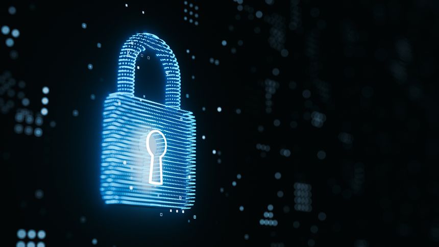 Abstract Digital Padlock Blue Glowing Data Points Security Copy Space. 3d rendering