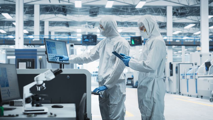 Two Scientists in Sterile Suits Walking In Electronics Factory Research Center. Technician With Tablet And Engineer Approaching Soldering Jet Printer And Starting Production Process Of Motherboards