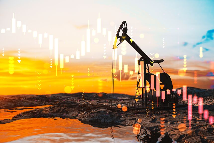 Oil pumpjack silhouette with financial chart overlays and downward arrows over rocky terrain during vivid sunset, concept of oil market collapse. 3D Rendering