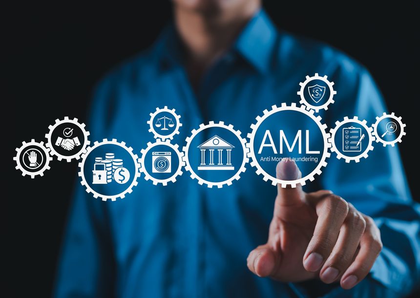 AML Compliance and Anti-Money Laundering Strategy Concept. Businessman interacting with AML icons and gears representing finance, regulation, banking, money laundering prevention, and legal compliance