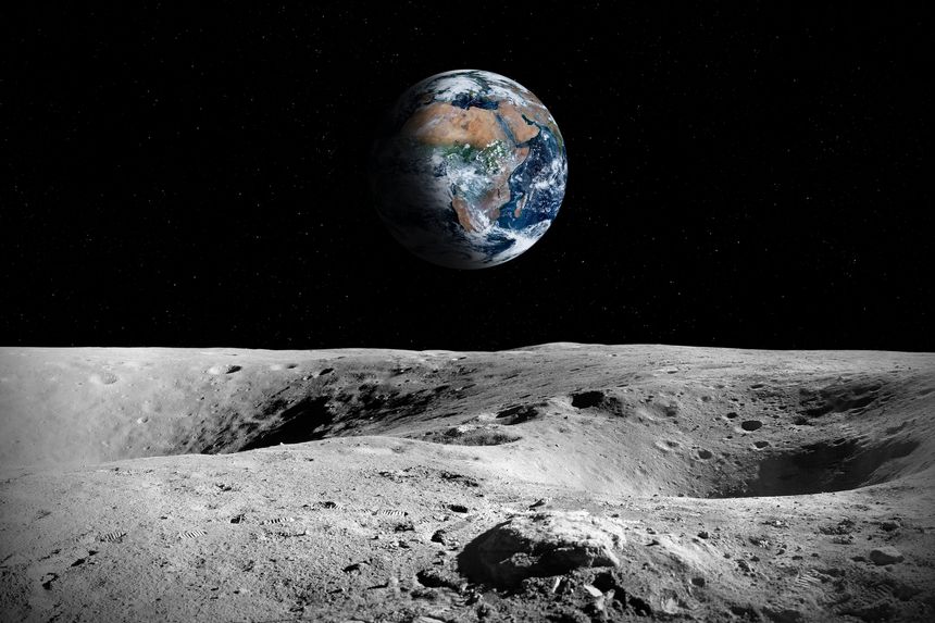 Moon and Earth. View on the planet Earth from the Moon surface. Elements of this image are furnished by NASA. ______ Url(s):https://www.nasa.gov/history/alsj/a11/images11.html#Mapshttps://svs.gsfc.nasa.gov/30763Adobe Photoshop CC 2023. Knoll light factory. Adobe After Effects CC 2021.