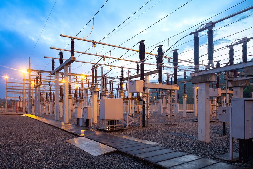 Electric substation at dusk