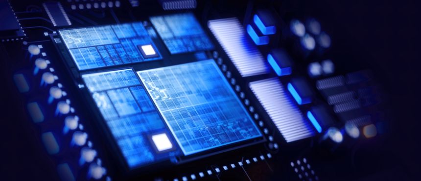 3D rendering of cyberpunk AI. Circuit board. Technology background. Central Computer Processors CPU and GPU concept. Motherboard digital chip. Tech science background.