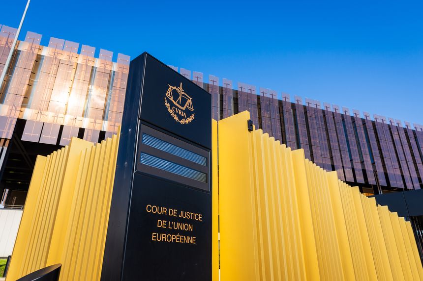 Luxembourg, Luxembourg - Sept. 17, 2024: Sign of the Court of Justice of the European Union (CJEU), the judicial institution of the European Union, in front of the Palais in the Kirchberg district.