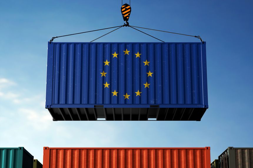 European Union trade cargo container hanging against clouds background