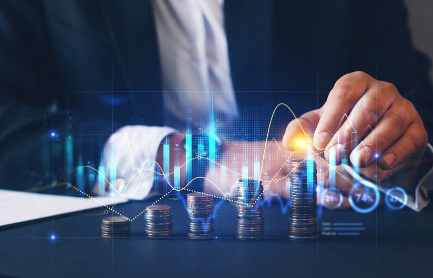 Financial investment and success market stock technology currency report.Money business financial graph diagram of coin. Financial growth data or investment market profit bar