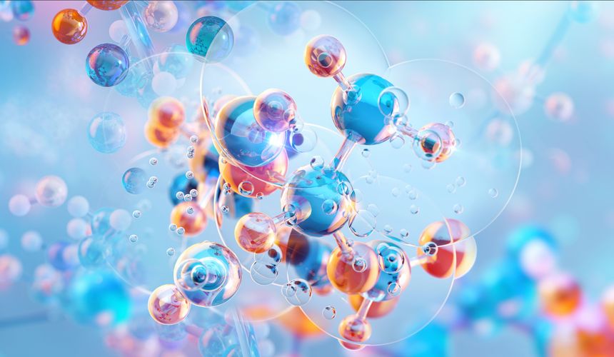 3D molecular structure with glowing atoms and bonds. Chemistry technology, nanotechnology, molecular biology, medical, pharmaceutical, beauty and biotech innovations, or AI-driven research concept illustration