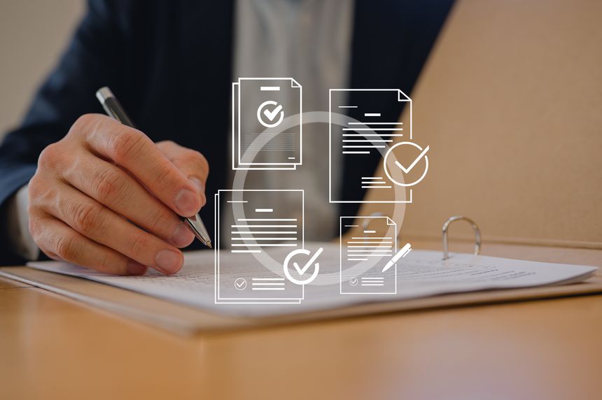 Man using pen review and signing on paperwork document, document data system Report HR technology Concept, Businessman Manager checking white documents reports papers of files icon in modern office