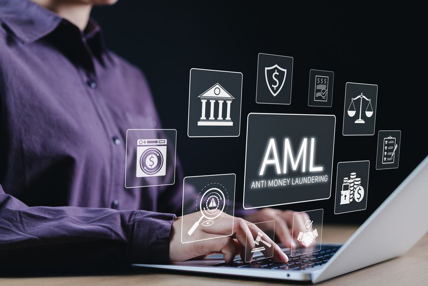 AML Anti Money Laundering and Compliance Concept. Businesswoman using laptop with Icons representing AML, financial compliance, regulatory enforcement, fraud detection, anti-money laundering systems,