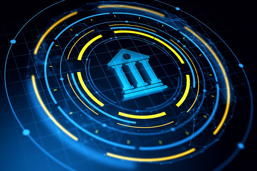 Glowing banking icon in neon digital style with circular tech elements on dark grid background. 3D Rendering of financial technology concept