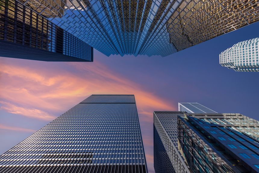 Toronto financial business district skyline. Skycrapers and corporate office buildings that hosts international corporations, banks and businesses