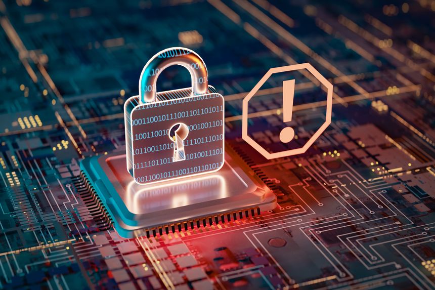 Concept of warning display indicating security risks in cyberspace, 3d rendering