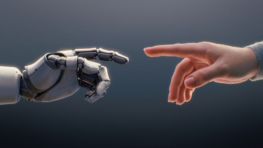 Futuristic Concept of Humanity and Artificial Intelligence Collaboration: Visualization of Humanoid Robot and Human Touching Fingertips, Creating Sparkling Light. Symbol of Technology and Innovation.