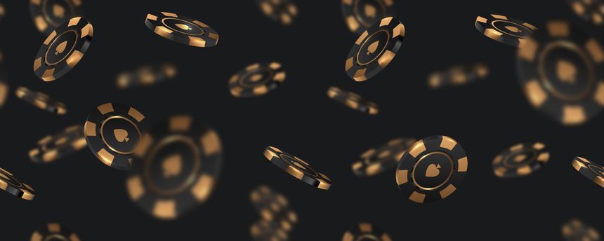 Black gold casino chips falling seamless background isolated on black in different positions. Poker endless texture with falling golden defocused blur elements