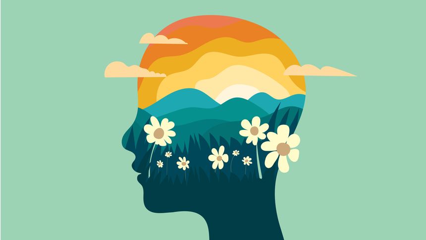 Mental health mind with sunrise mountains and flowers head silhouette vector illustration