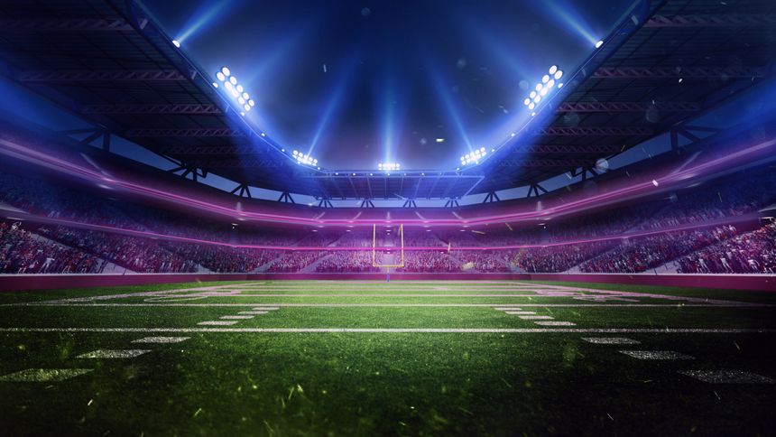 Aerial view of 3D render American football, soccer stadium with blurred tribunes with fans, empty arena in neon light. Open air match. Professional sport, event, tournament, game, championship concept
