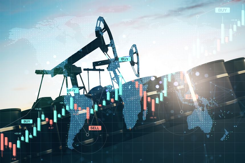 Oil pump jacks and barrels with forex chart overlay and world map on light background, concept of global oil market, trade and financial analysis